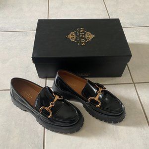 Pazzion Black Metal Buckle Patent Leather Loafers